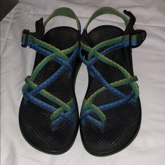 blue and green chacos